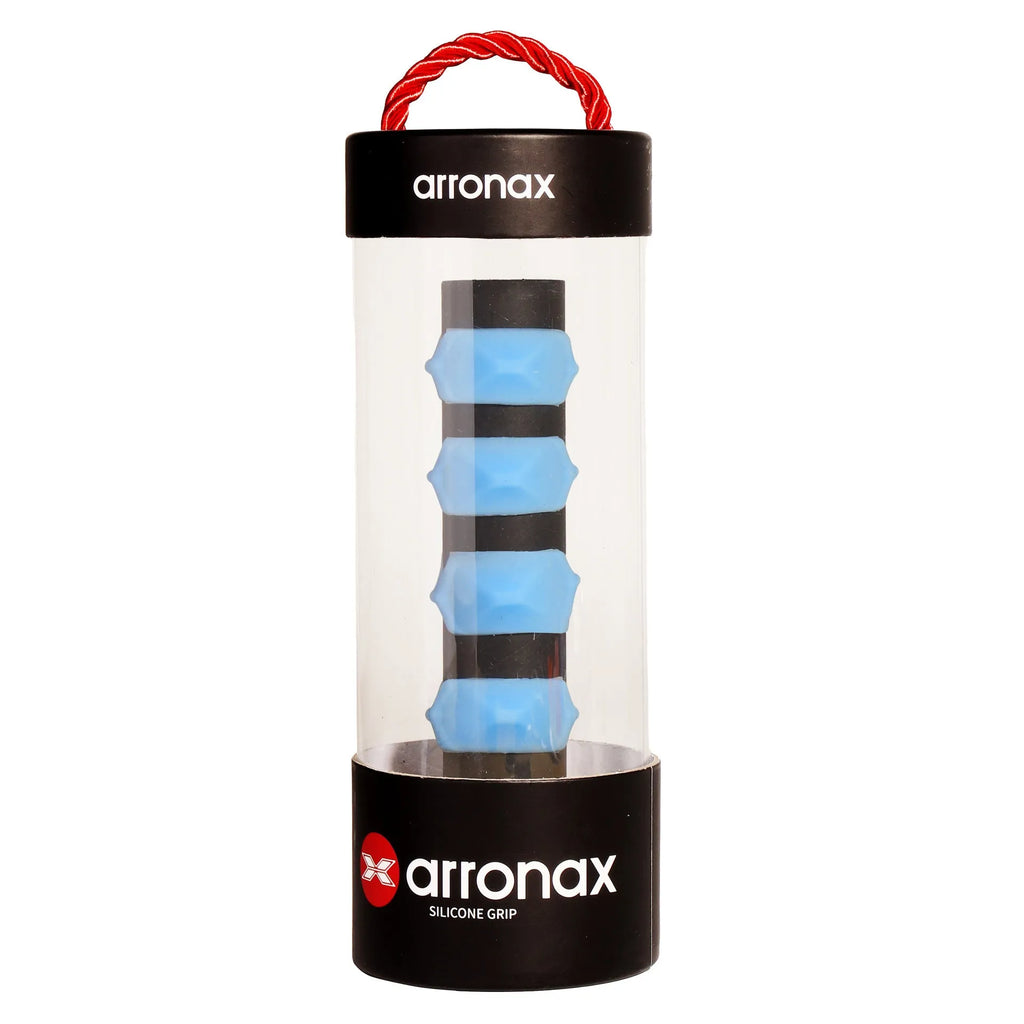 Silicone racquet hand rubber buckle grip wrap in seven colour options on a racket handle