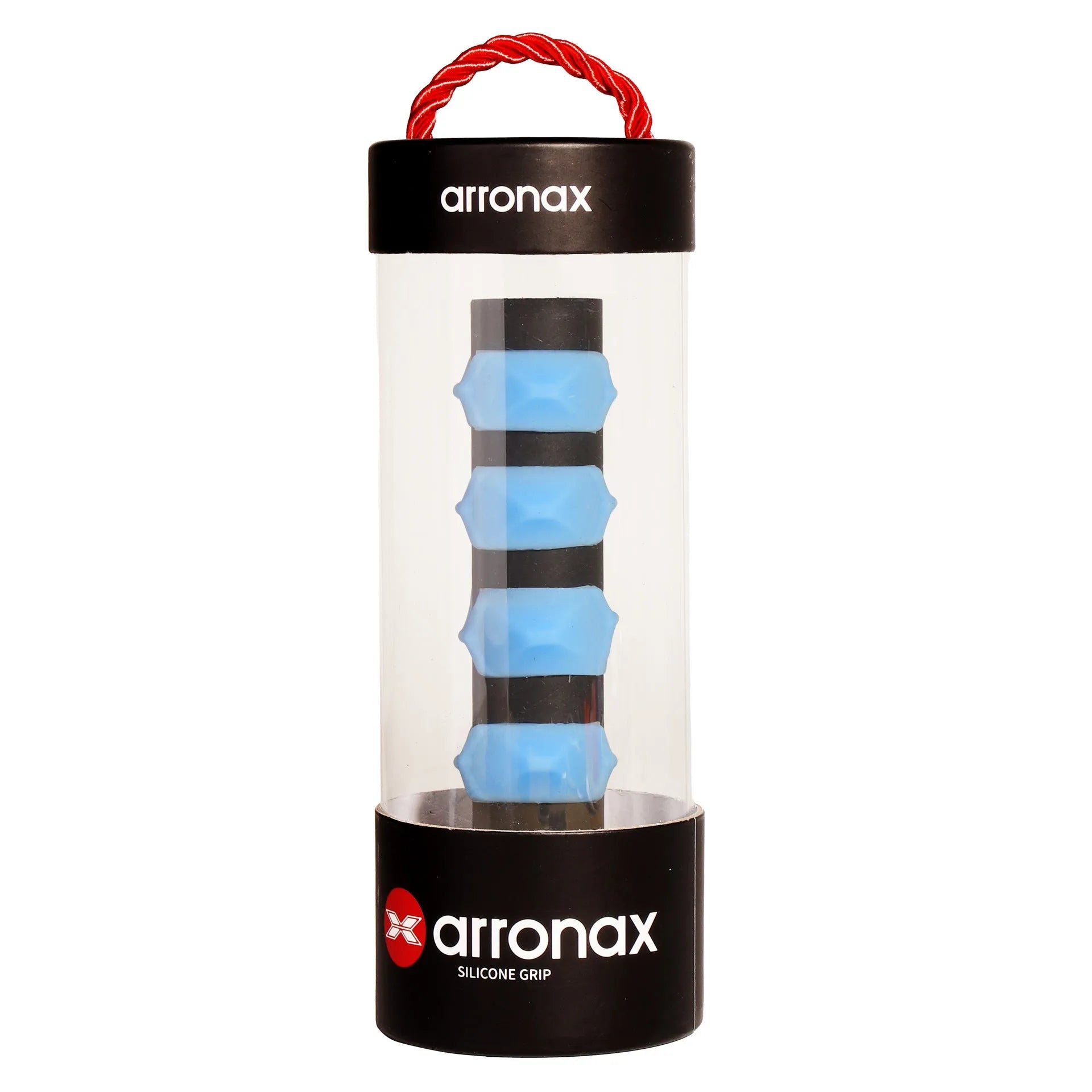 Silicone racquet hand rubber buckle grip wrap in seven colour options on a racket handle