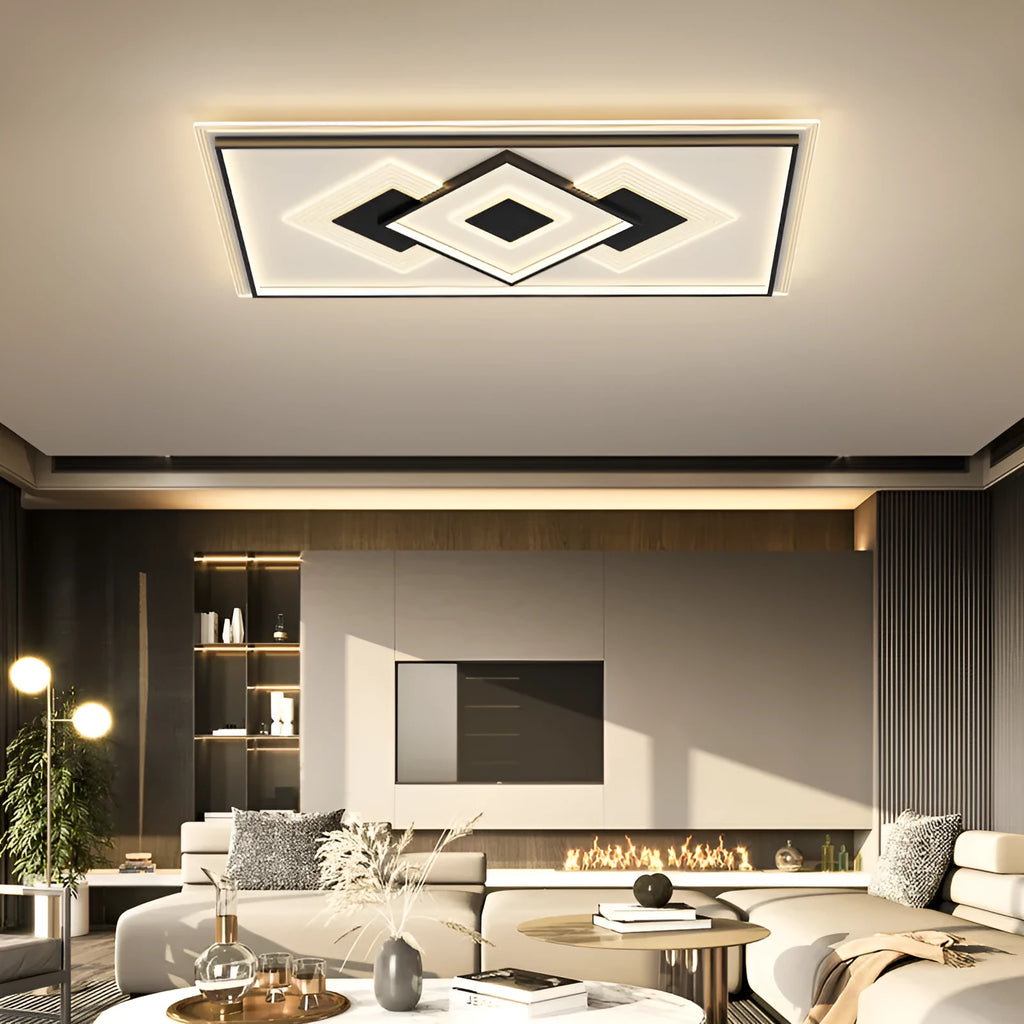 Modern simple rectangular LED ceiling light with tri-colour light and stepless dimming, black and white finish, for living room use