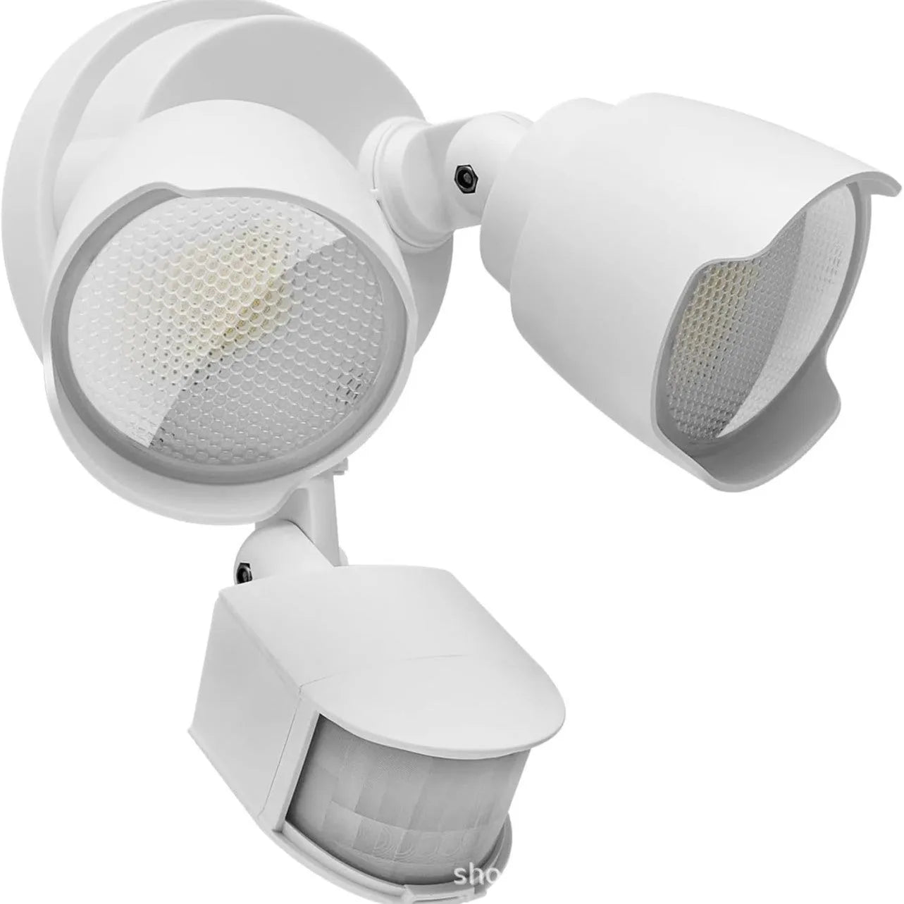 White or black 120V LED security flood light with motion sensor for outdoor installation