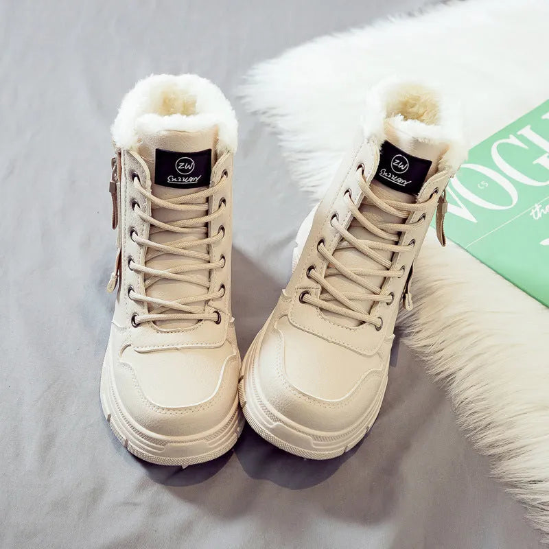 Plus size women's snow boots in khaki with velvet lining, front lace-up, rubber sole, and mid heel