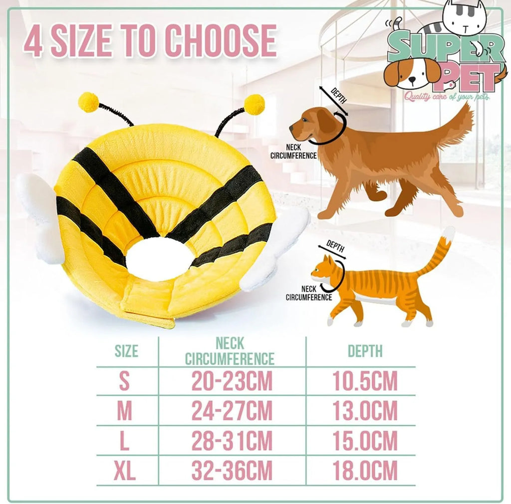 Soft cat cone collar with black and yellow bee design and adjustable Velcro strap.