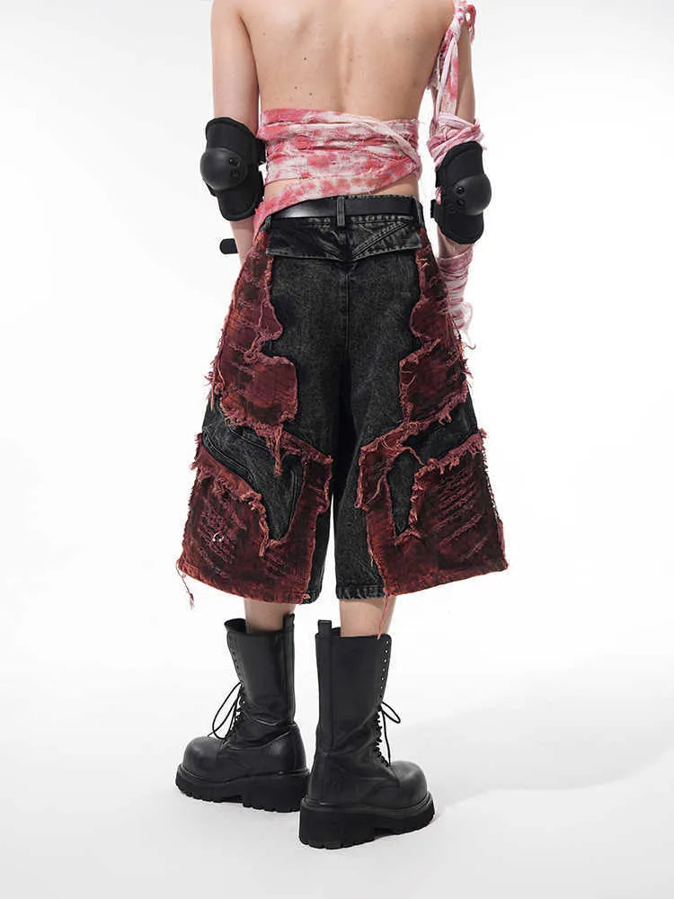 Wide leg cropped denim pants with distressed stitching, mid-high waist, loose fit, cotton cloth fabric