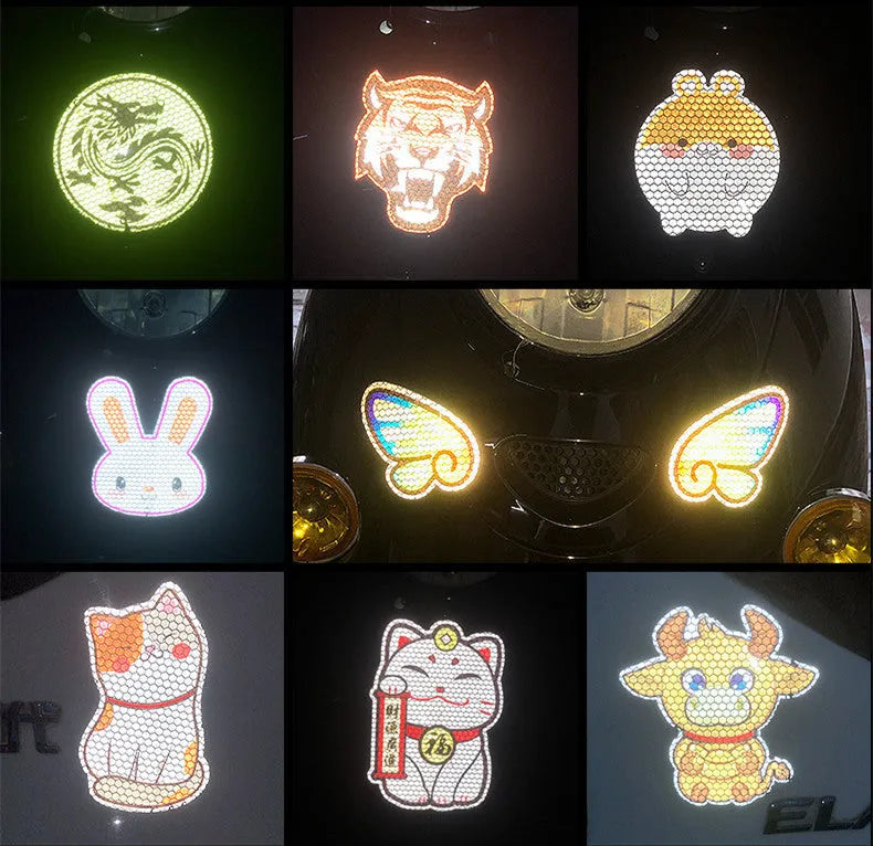 Pair of diamond-grade reflective warning stickers for cars and motorcycles, showing sample cartoon animal designs.