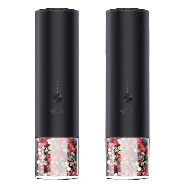 Rechargeable electric pepper and salt grinder with LED light and stainless steel top on white background