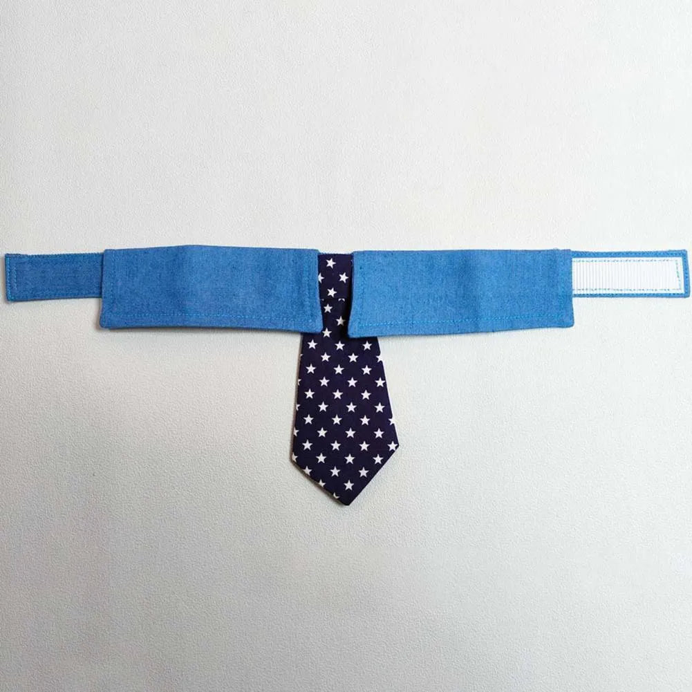 Adjustable denim star pattern dog collar with fastener tape on white background for weddings and formal events