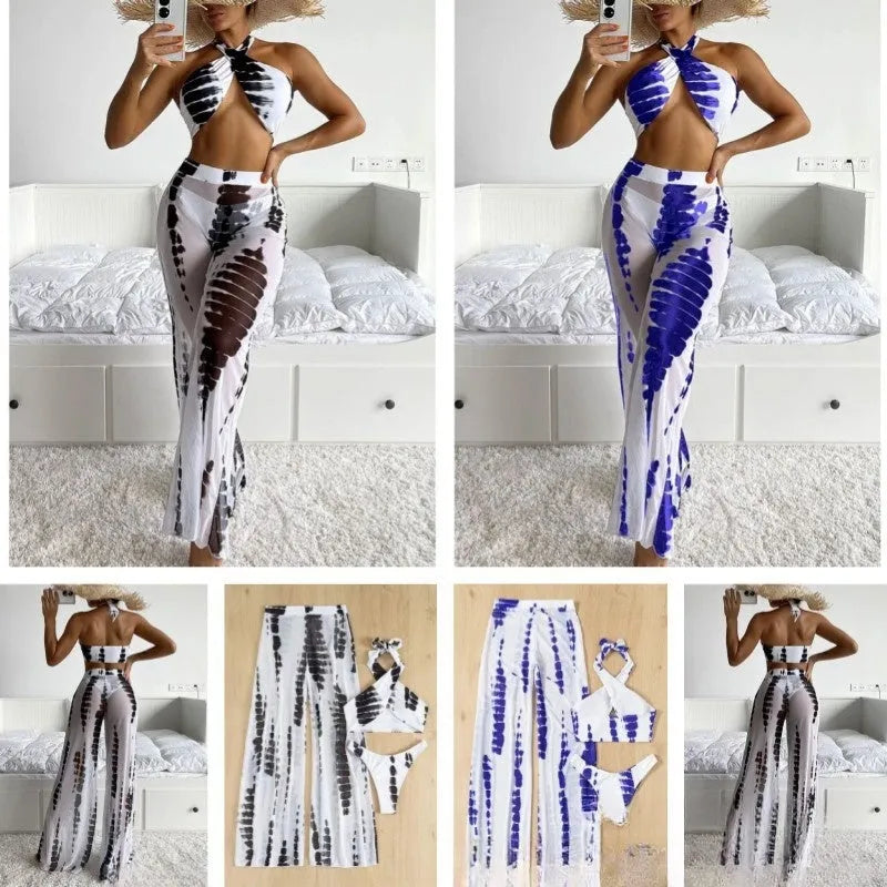 Women's black and blue printed three-piece swimsuit set with bikini top and mesh trousers.