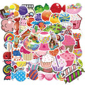 Pink pack of 50 colourful Candy series graffiti stickers with cartoon patterns, each sticker 4-6cm long.