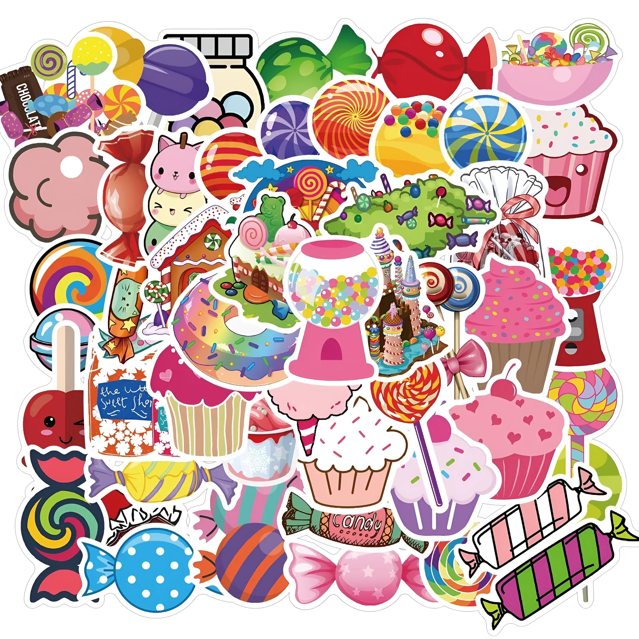 Pink pack of 50 colourful Candy series graffiti stickers with cartoon patterns, each sticker 4-6cm long.