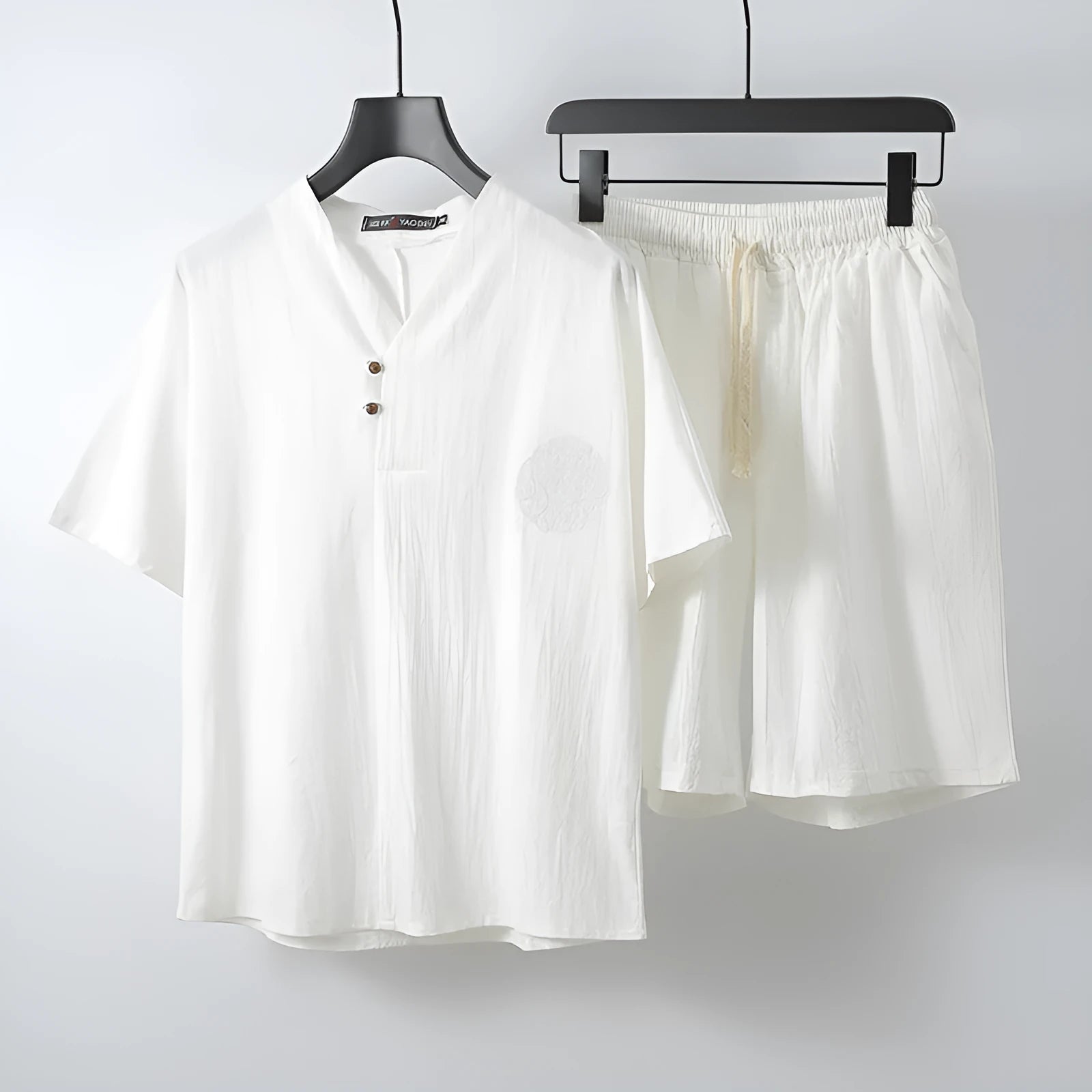 Men's cotton loose two-piece set with short sleeve top and shorts in apricot colour