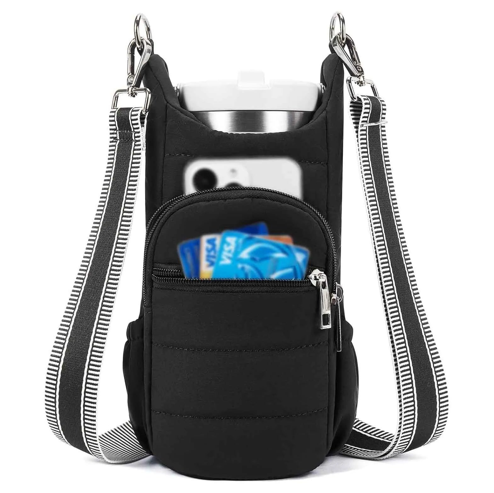 Bicycle water bottle bag in black, pink or beige colours with cloth construction and handlebar mount