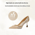 Satin rhinestone high heel wedding shoes in champagne colour with slip-on design