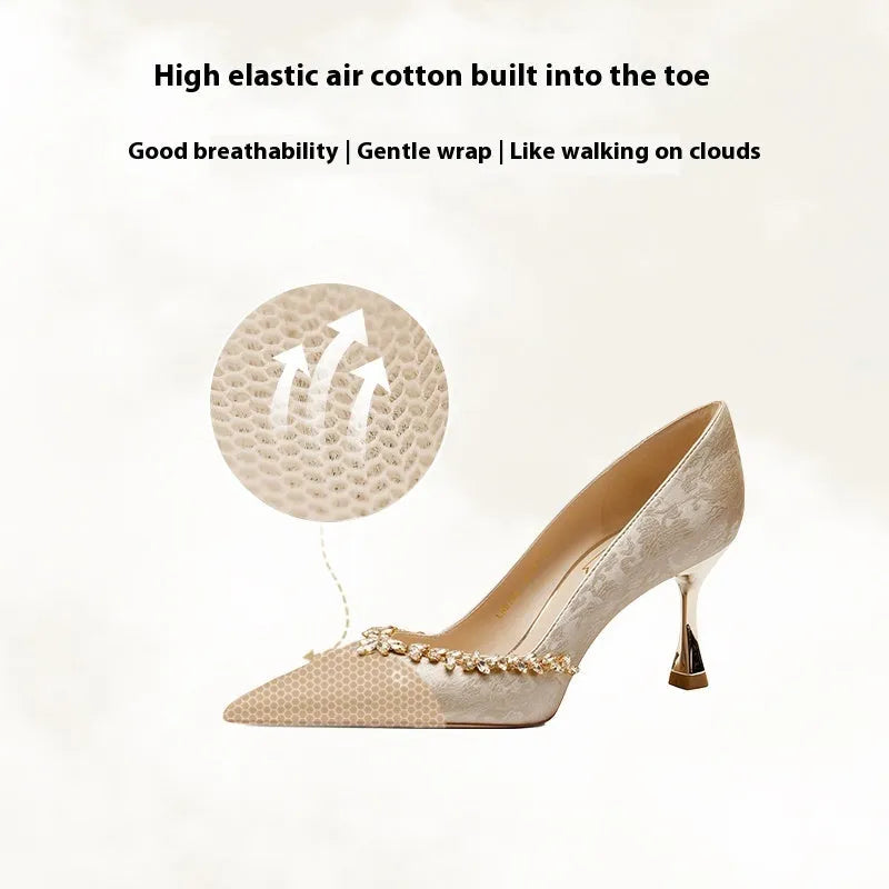 Satin rhinestone high heel wedding shoes in champagne colour with slip-on design
