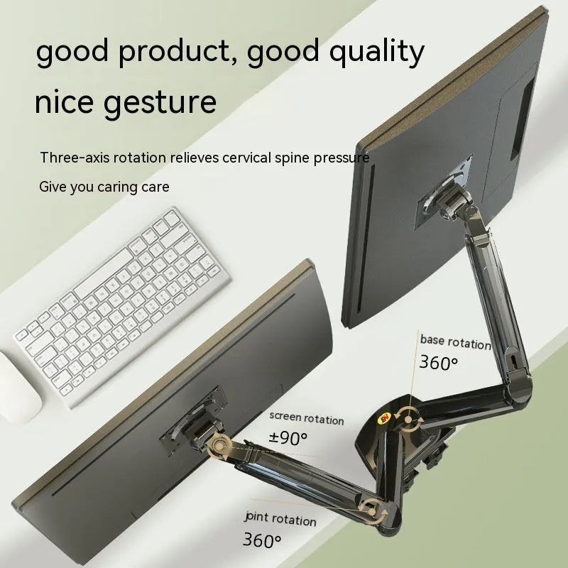 Dual screen monitor bracket in lifting style, made from aluminium and black ABS plastic.