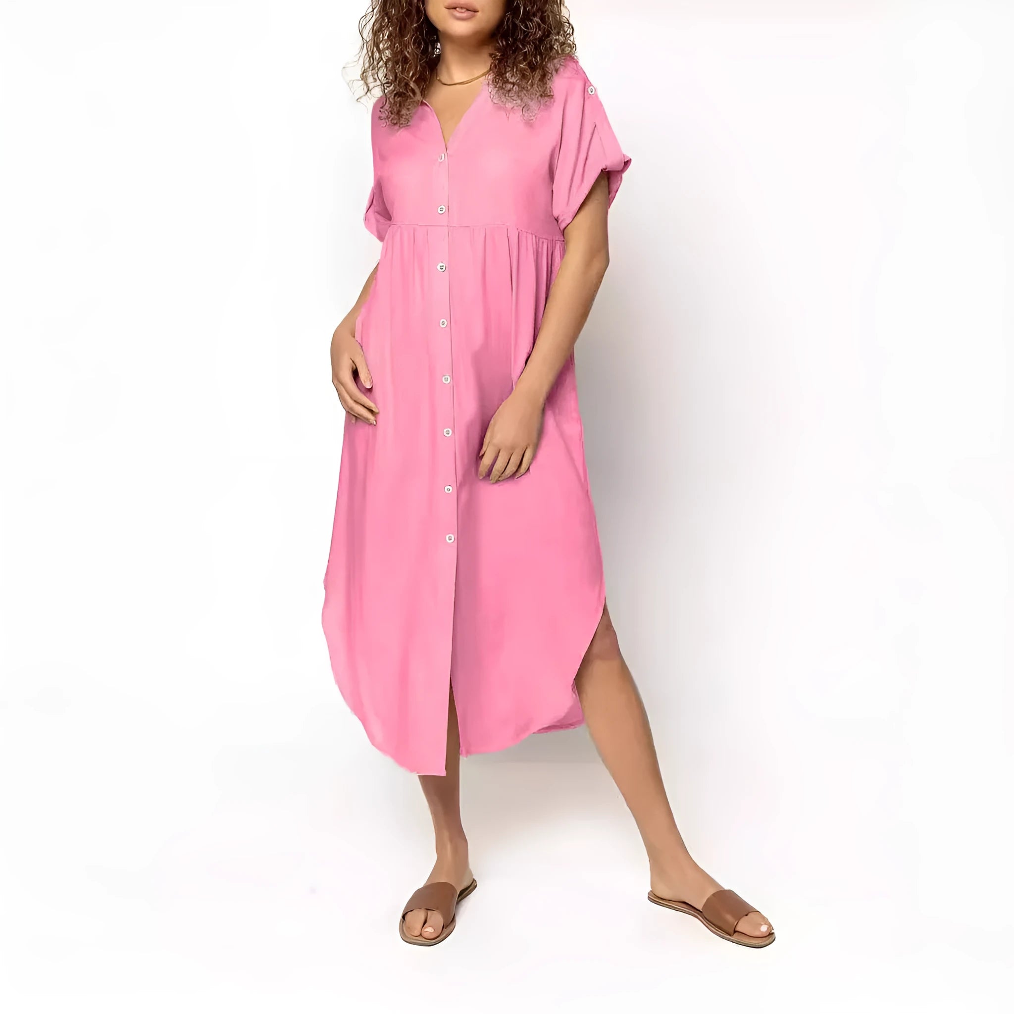 Women's loose fit mid-length casual dress with button front closure in solid colour