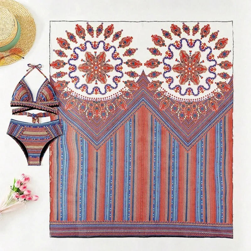 Women's three-piece swimsuit set showing high-waist briefs, cutout blouse, and coat in picture colour