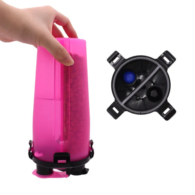 Portable 2-in-1 pet water cup in black, showing separate water and food compartments, PP material, 23cm x 11cm