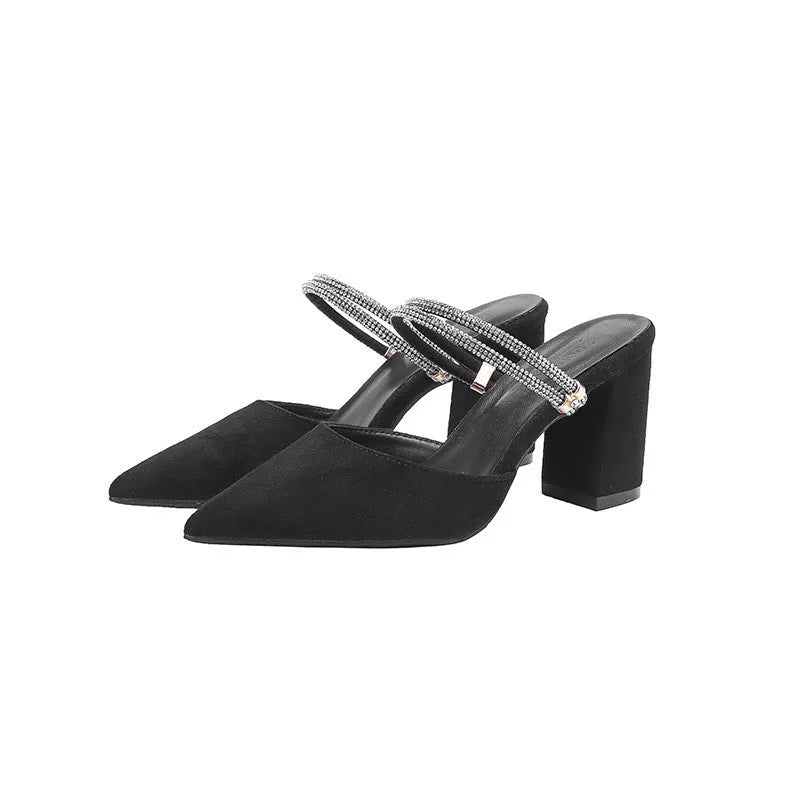 Thick heel pointed toe suede high heels for women, apricot colour, 5cm heel height, side view