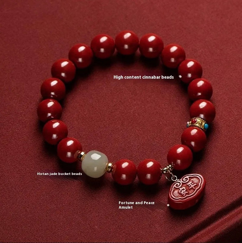 Cinnabar bracelet with emperor sandstone birth year charms in 8mm or 10mm bead sizes