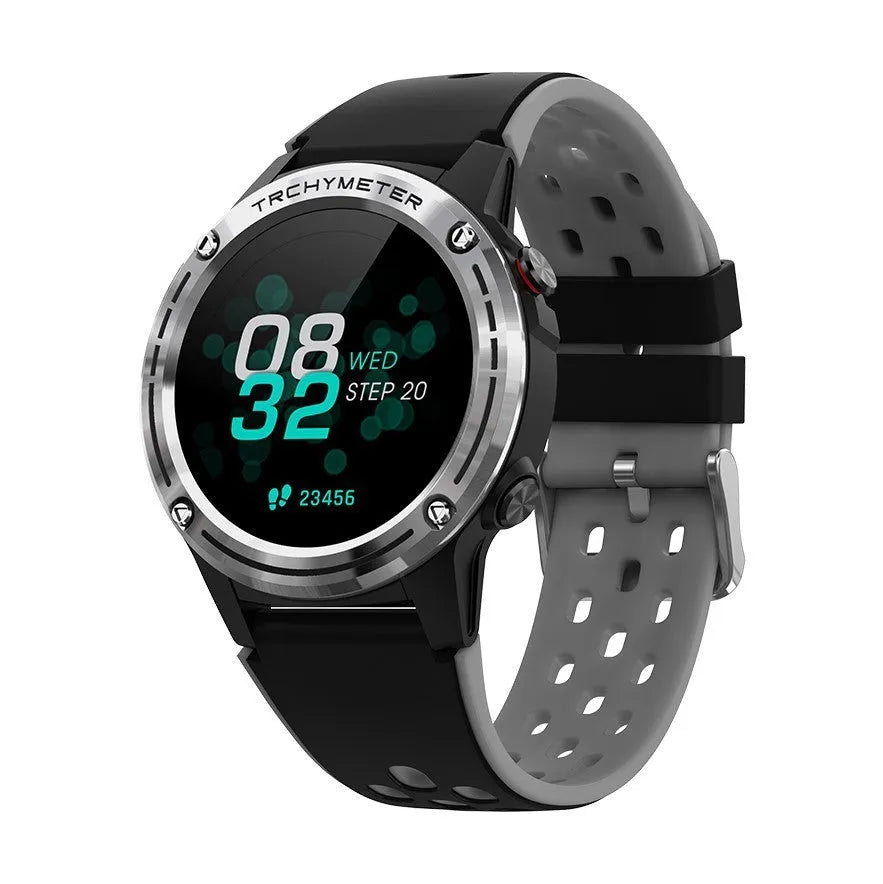 GPS smart watch with silicone strap in blue colour showing 49mm case and glass display