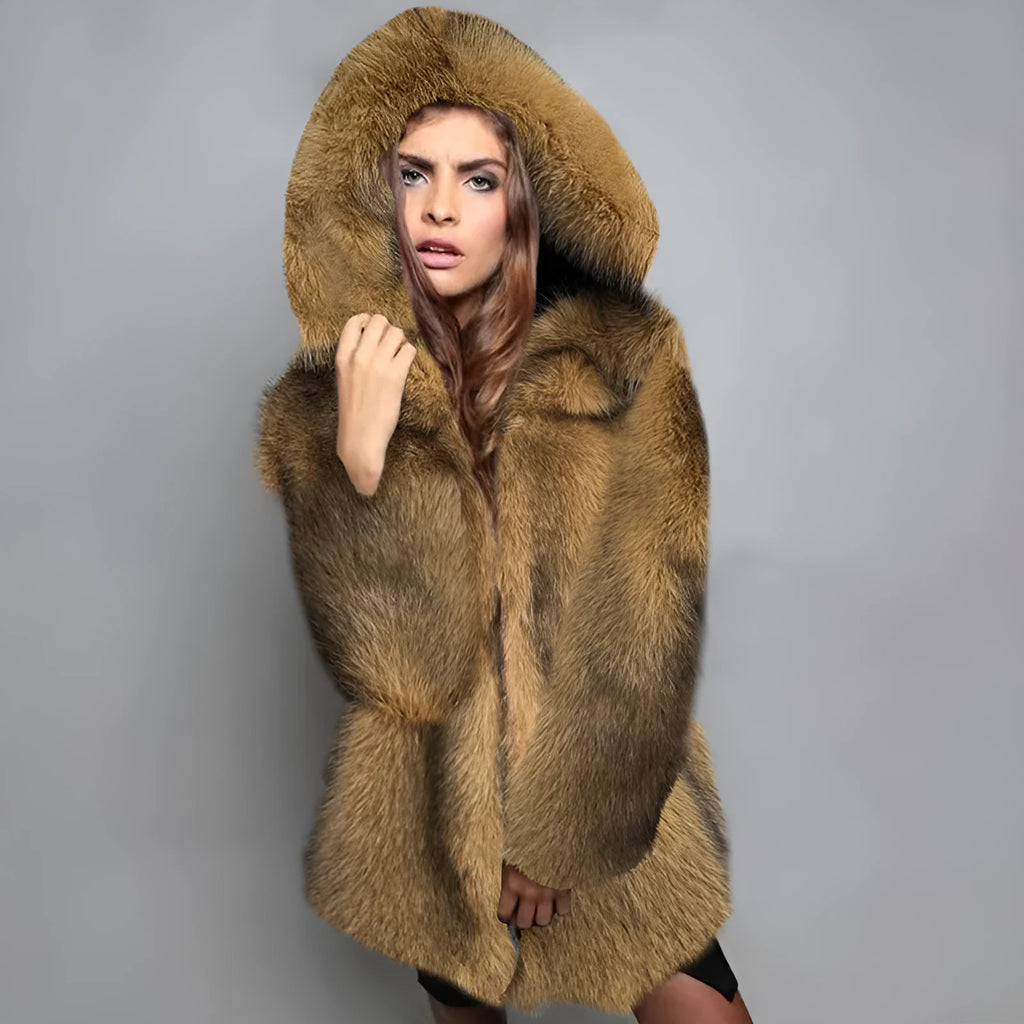 Women's silver grey artificial fur coat with regular sleeves and mid-length 65cm design