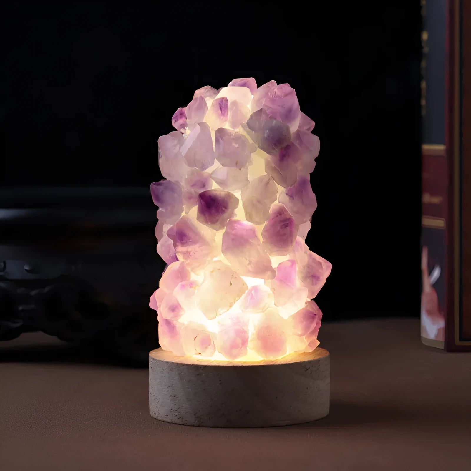 Mini amethyst tooth flower night light with USB plug-in showing purple crystal and warm glow