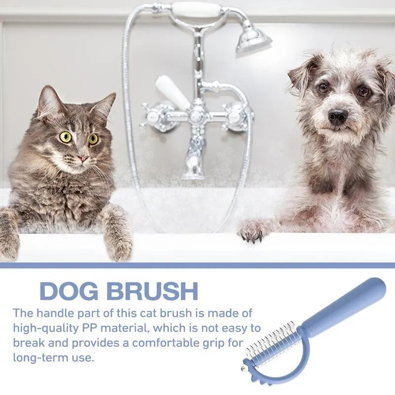 Blue dinosaur-shaped self-cleaning cat brush with stainless steel bristles on a white background