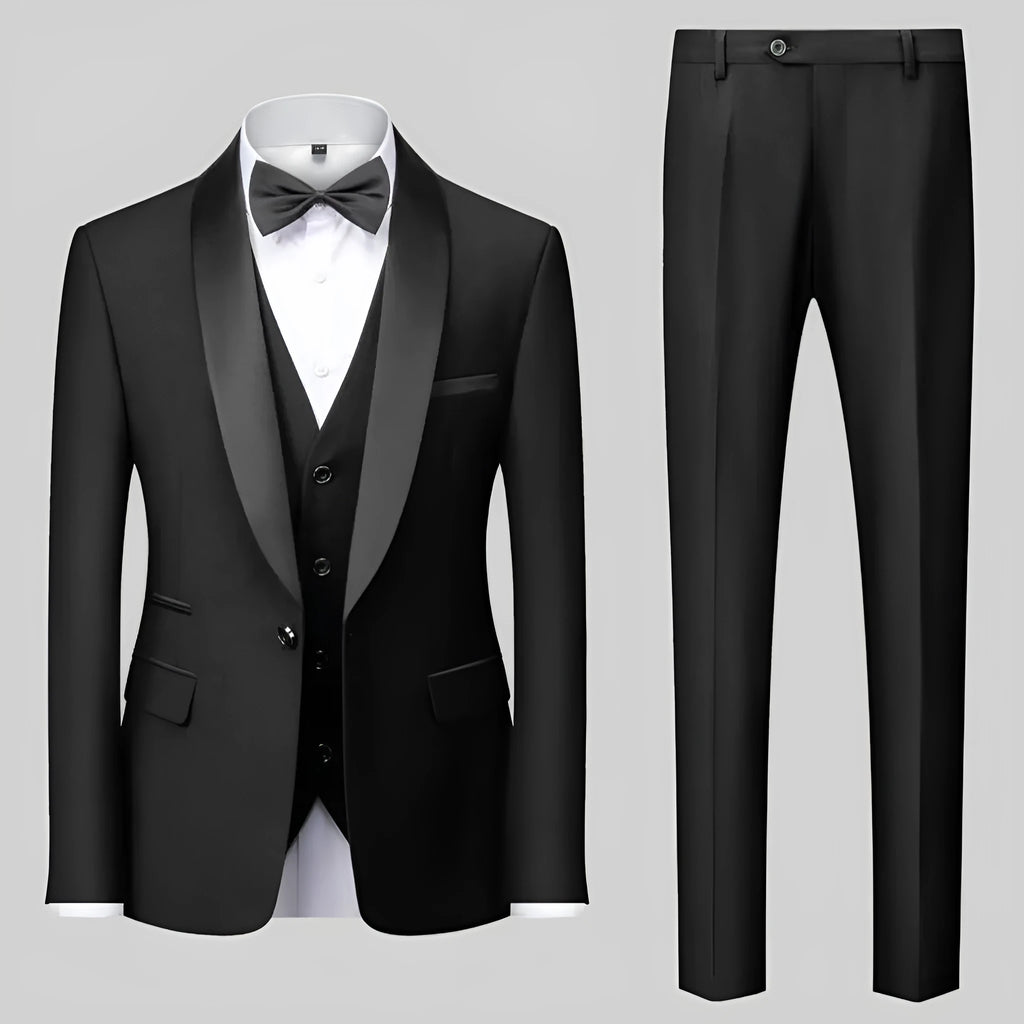 Men's slim-fit three-piece suit set in green fruit collar style, cotton blend fabric, for wedding and stage use.