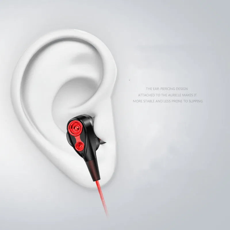 Red quad core dual dynamic metal subwoofer in-ear headphones with 3.5mm cable and inline microphone