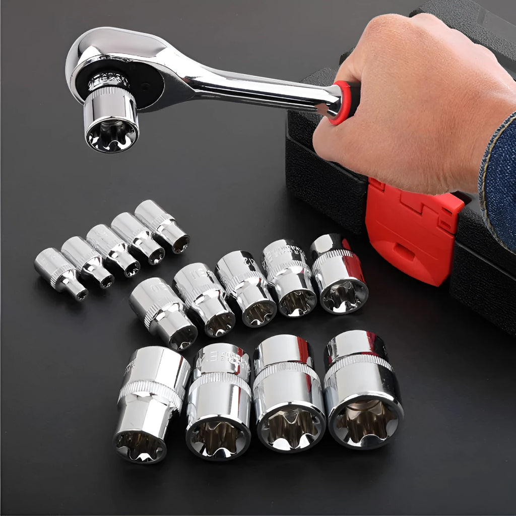 14-piece E-type socket set in red box, chrome vanadium steel, for auto repair and mechanical repair