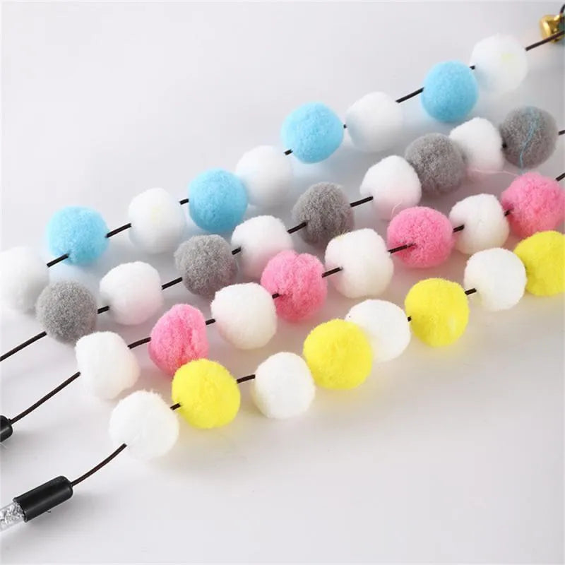 Blue cat teaser interactive toy rod with bell and pompon feather, 31cm long