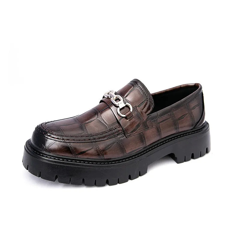 Pair of autumn men's crocodile pattern leather loafers in brown with flat heel platform sole