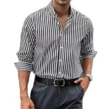 Men's fashion casual holiday button shirt in khaki with long sleeves and striped pattern, loose cardigan style