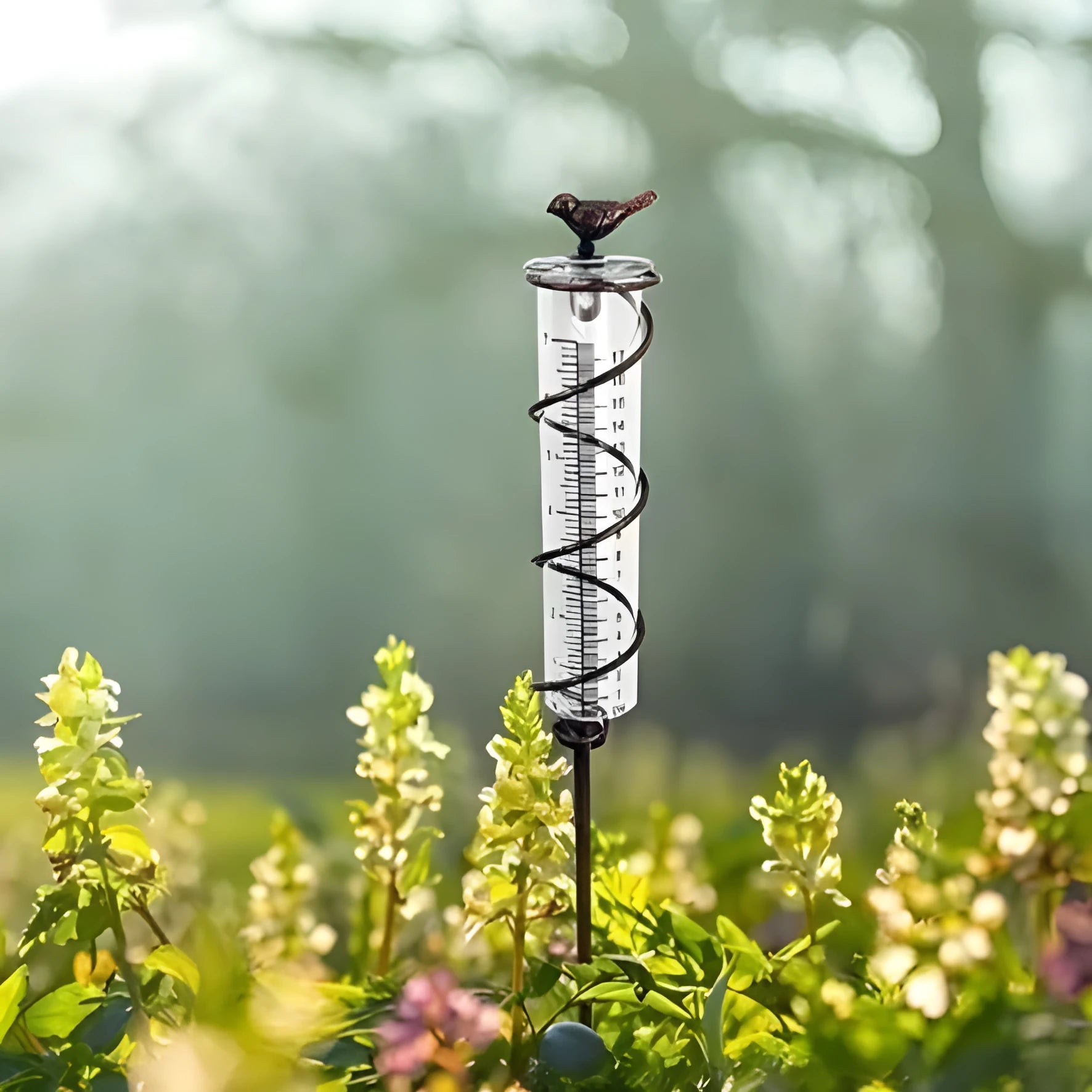Hummingbird-shaped glass rain gauge on a cast iron base for garden precipitation measurement.