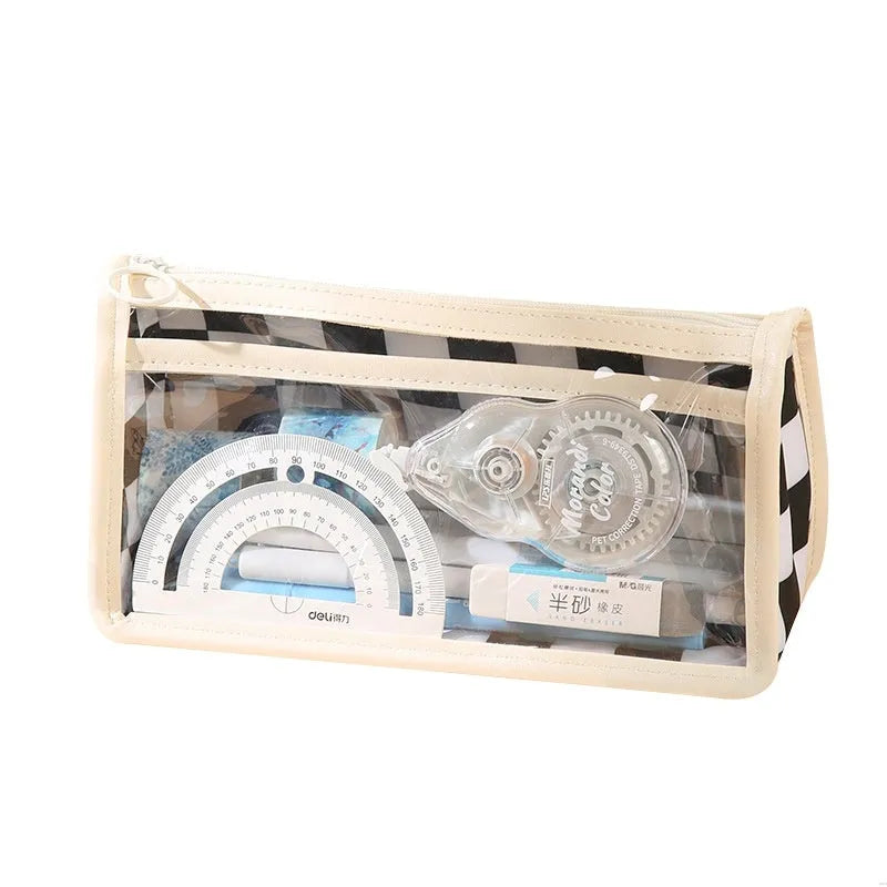 Transparent PVC pencil case with chessboard pattern showing writing instruments inside