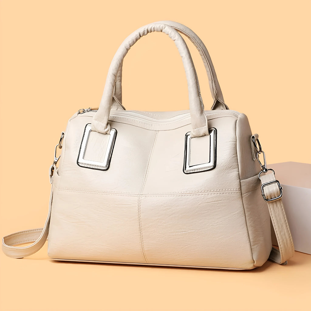 Women's large capacity shoulder bag with mobile phone pocket and document compartment in neutral colour