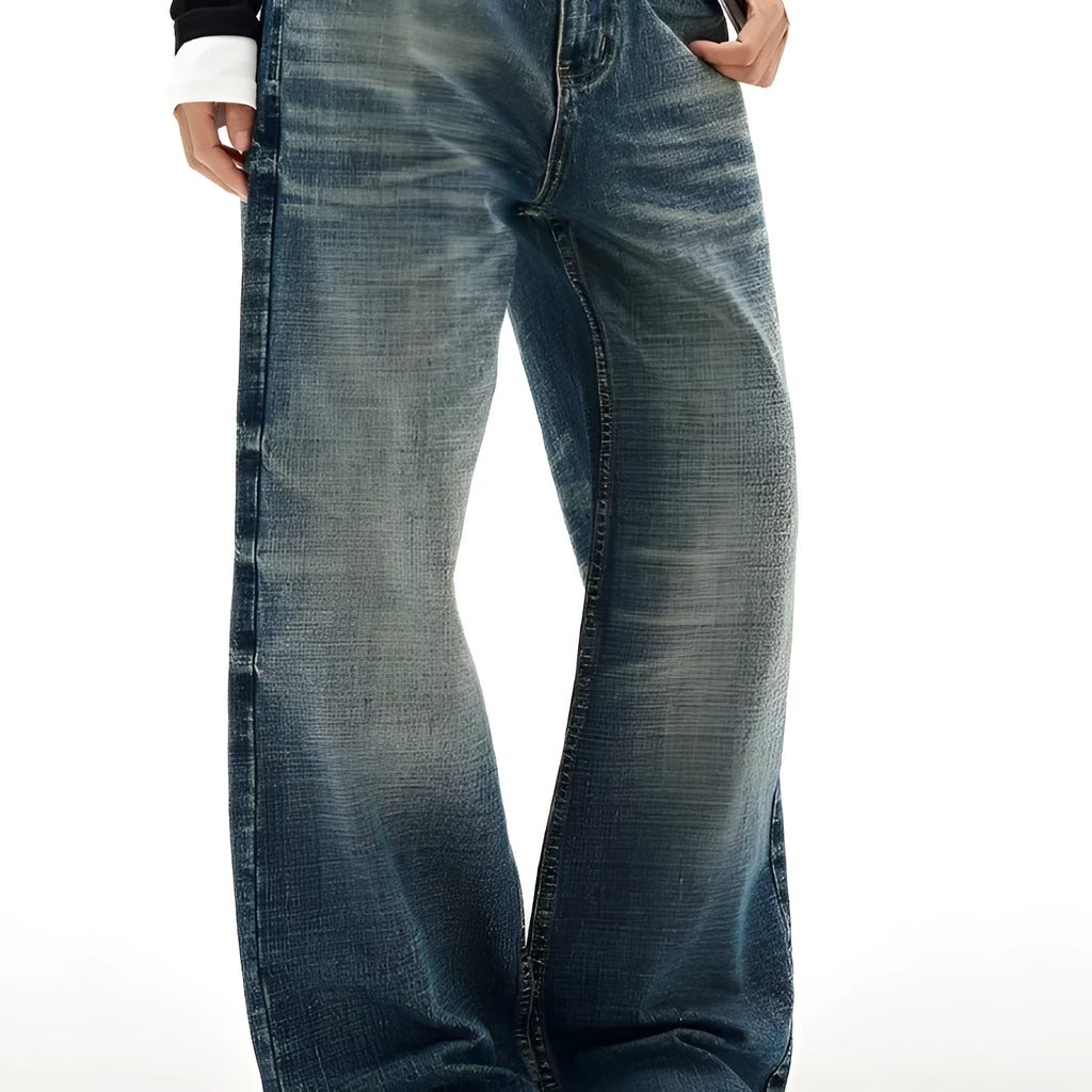 Men's wide leg jeans dark blue distressed cat beard straight loose cotton blend