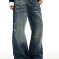 Men's wide leg jeans dark blue distressed cat beard straight loose cotton blend