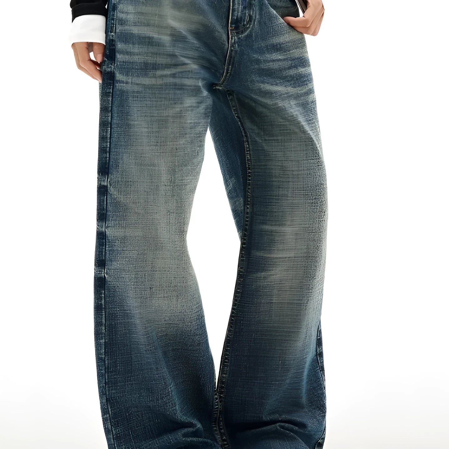 Men's wide leg jeans dark blue distressed cat beard straight loose cotton blend