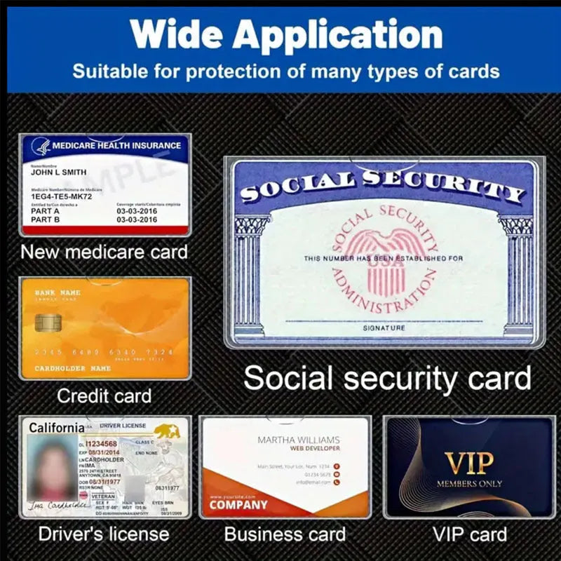 Transparent waterproof PVC card holder protecting a social security card, shown at actual 9.7cm by 5.9cm size.
