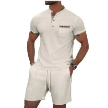Men's grey cotton blend waffle zip polo short sleeve suit with matching shorts