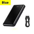 Slim blue magnetic 3-in-1 power bank showing wireless charging surface and compact size.