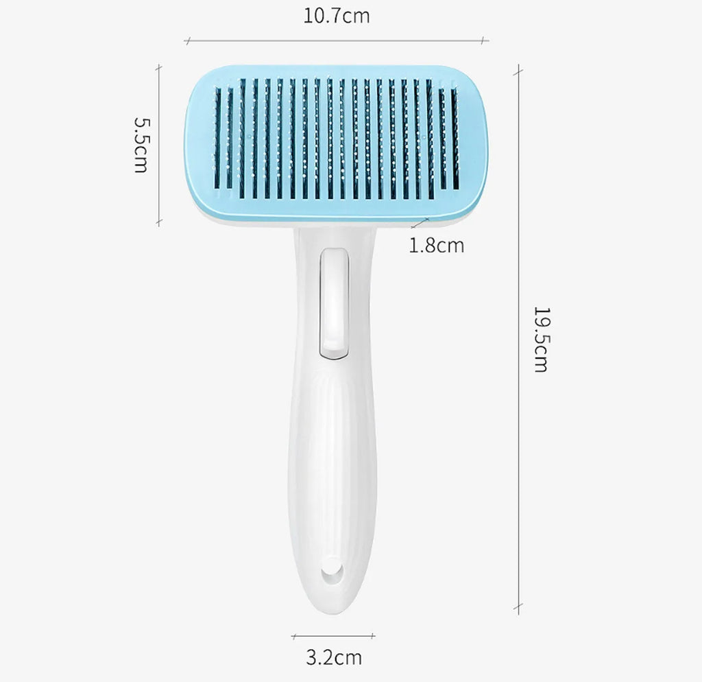 Automatic pet hair removal comb for dogs and cats showing one-click operation mechanism