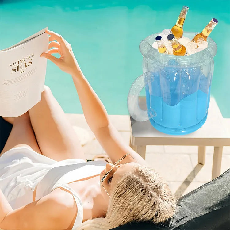 Bright yellow inflatable PVC ice bucket designed for chilling beer steins at outdoor events.