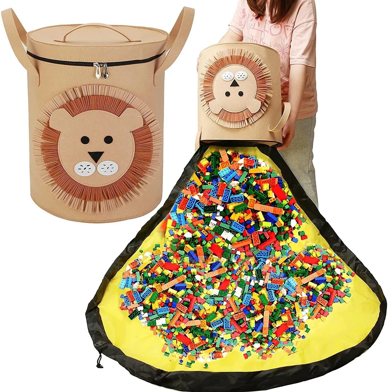 Green felt cube storage bag with pull rope shown as toy organiser and unfolded play mat