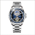 Automatic mechanical watch with silver alloy case, blue dial, stainless steel strap