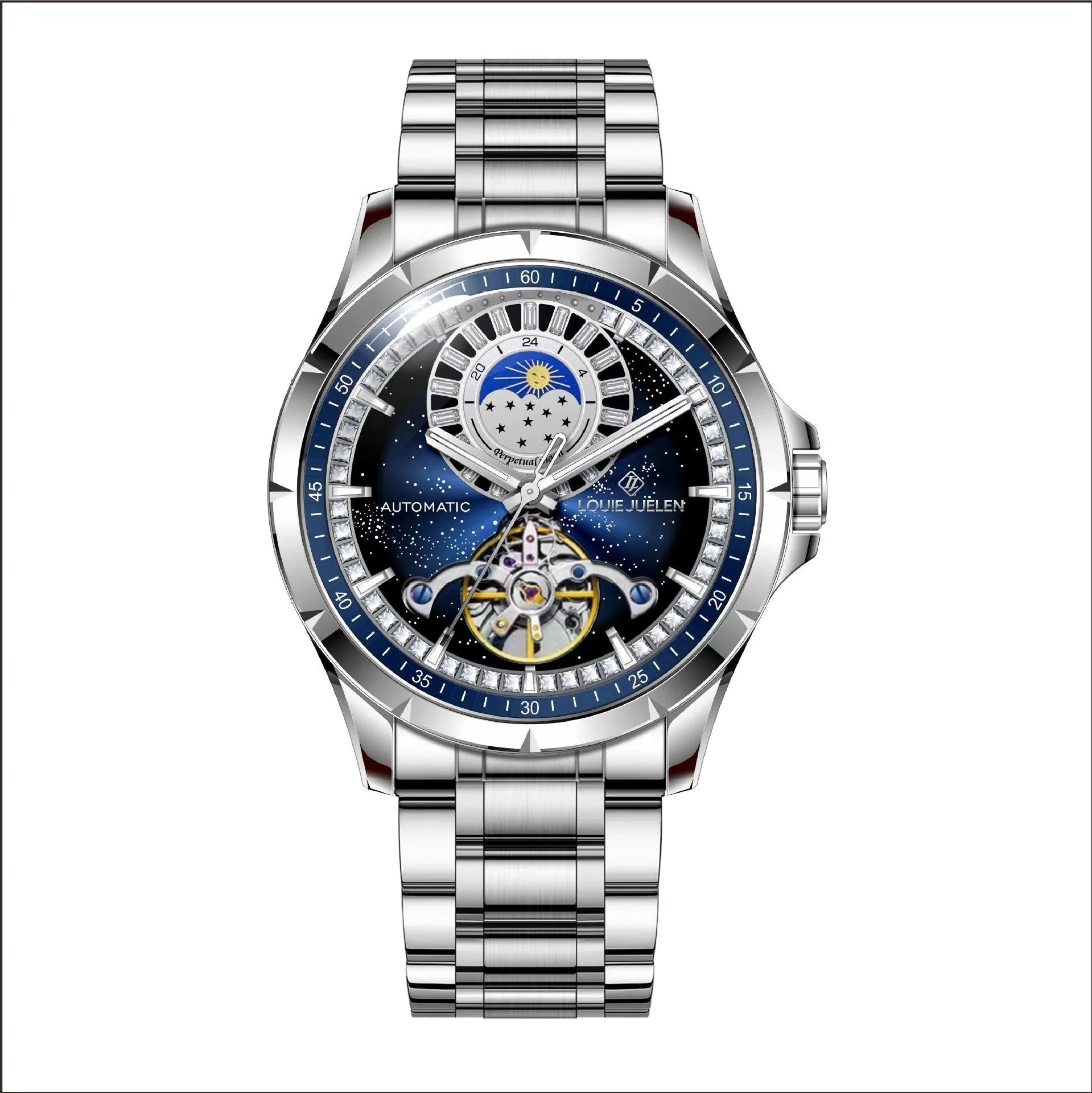 Automatic mechanical watch with silver alloy case, blue dial, stainless steel strap