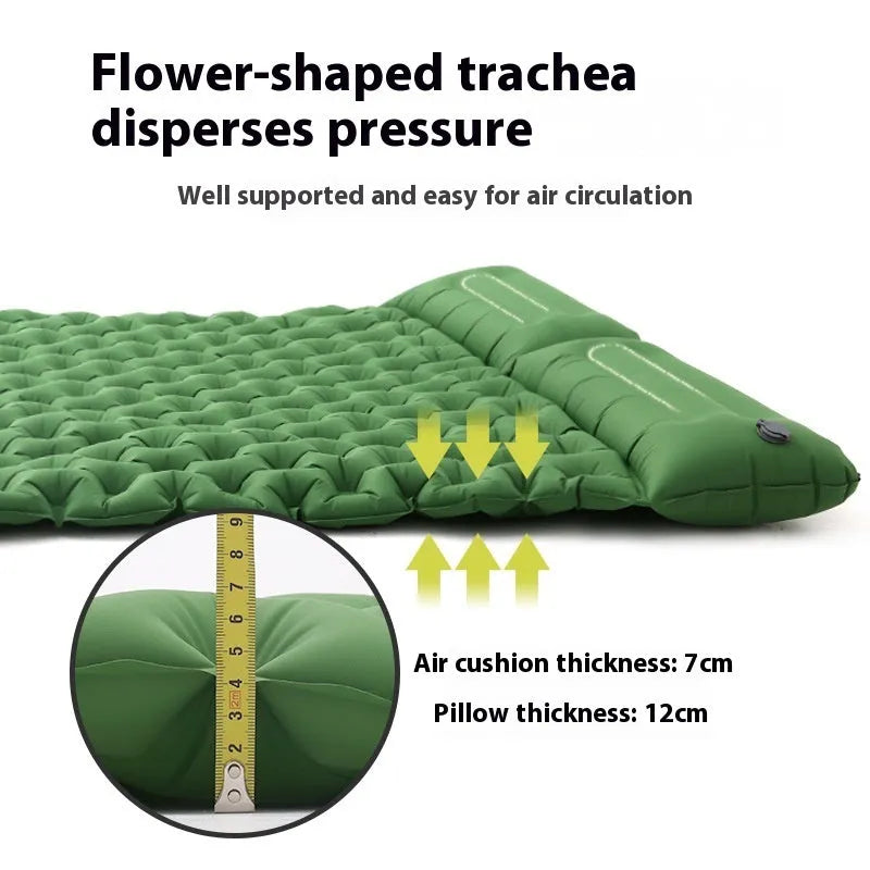 Double air mattress for camping widened outdoor airbed in army green with pillow 200x120x7cm