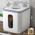 Grey plastic rice storage jar with lid, showing three size options for 10kg, 20kg and 30kg capacity