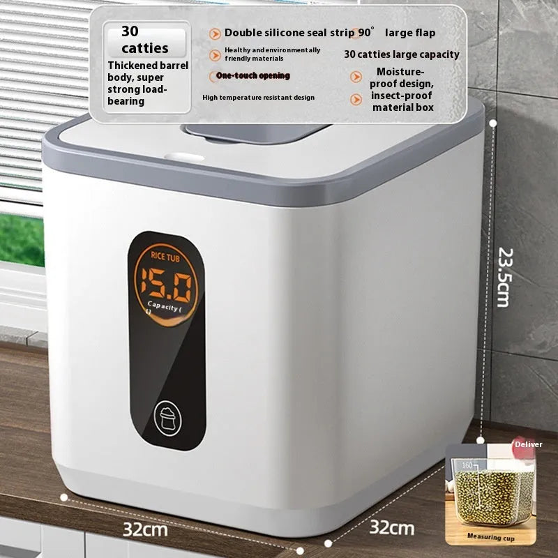 Grey plastic rice storage jar with lid, showing three size options for 10kg, 20kg and 30kg capacity